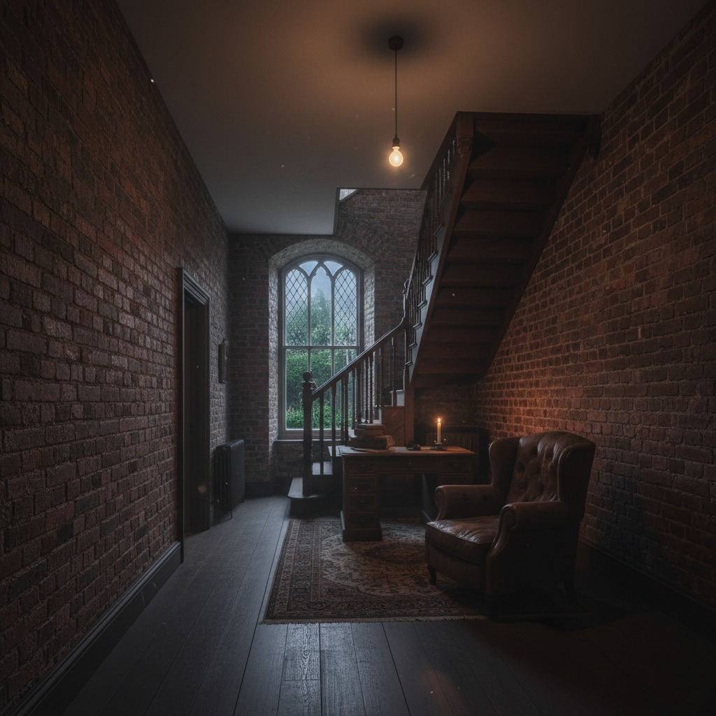 Interior of Victorian terraced house in dim lighting showing exposed brick walls and dark atmospheric setting