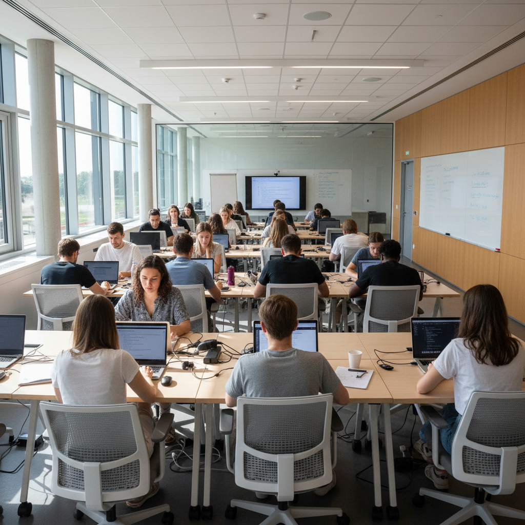 Students in a modern classroom engaged in a lesson, bright natural lighting through large windows, attentive atmosphere