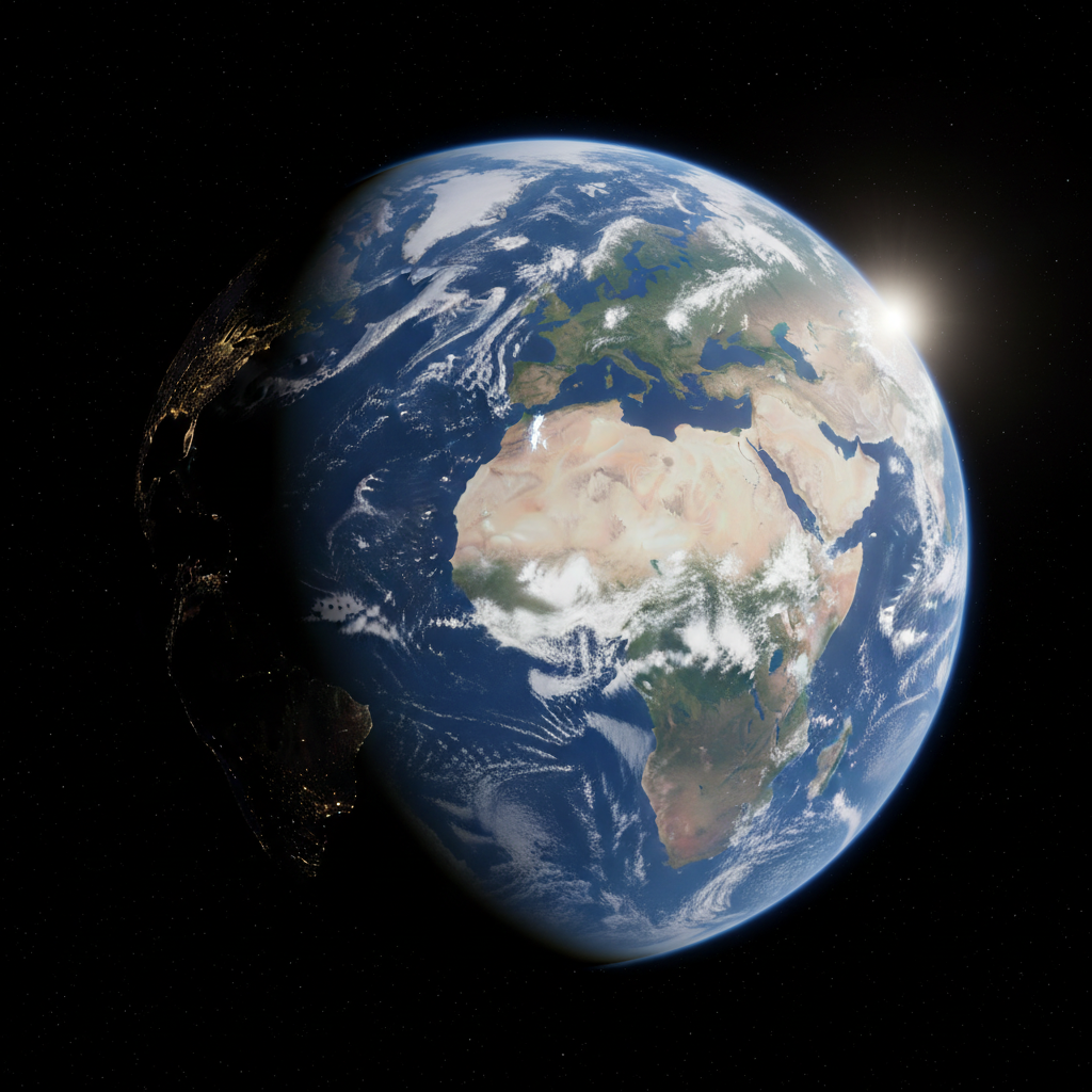 Planet Earth from space against deep black background, dramatic lighting from one side, dark atmospheric photography, editorial space imagery