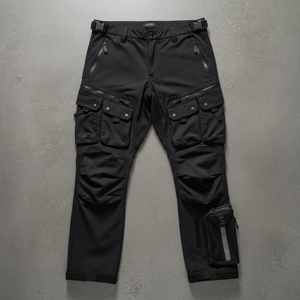 Black technical cargo trousers with utility pockets, concrete urban background