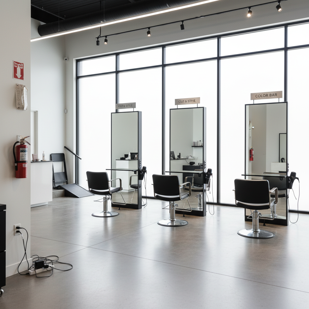 Modern salon interior with styling chairs and clean white walls in bright natural light