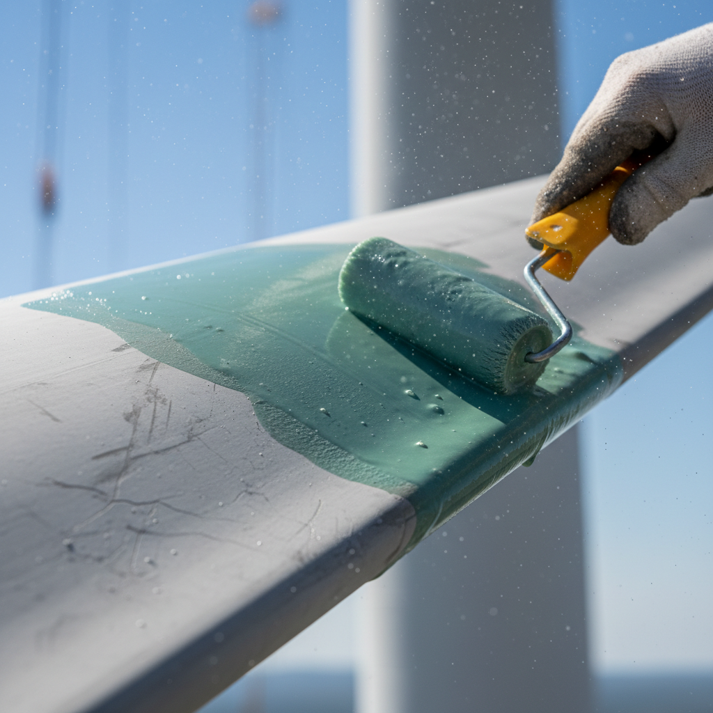 Wind turbine blade leading edge close-up showing repair work with protective coating application