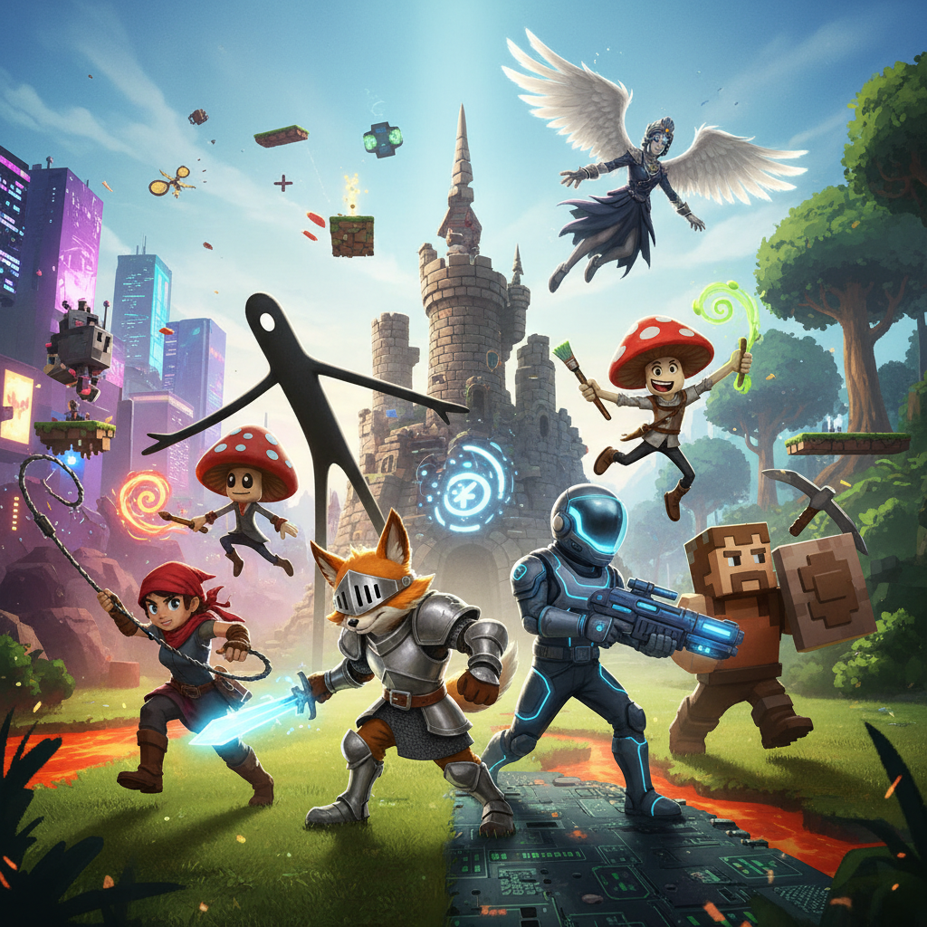 Set karakter cyberpunk dengan neon effects untuk indie game studio menampilkan 4 karakter utama dalam formasi tim