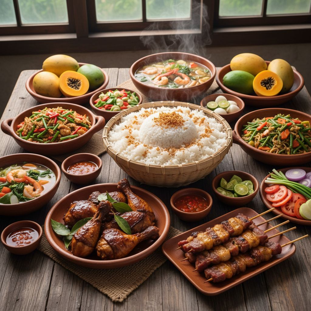 Filipino home-cooked meal with adobo, rice, and vegetables displayed on a small eatery counter