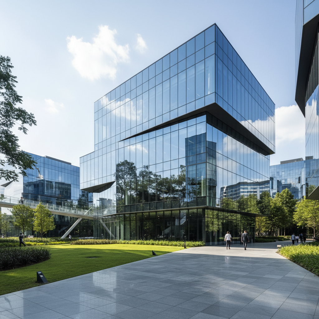 Office park building exterior, professional corporate setting, landscaped grounds, daytime blue sky