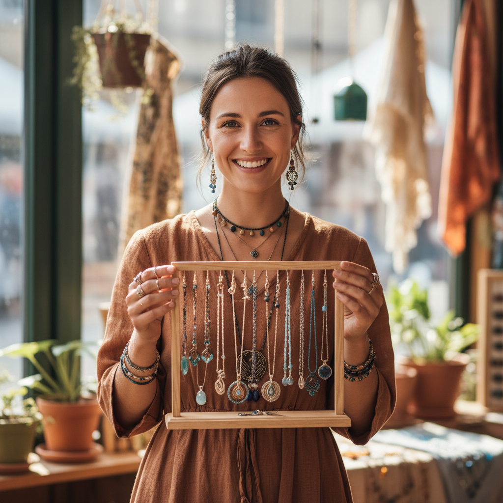 Maya Chen, Etsy jewelry seller smiling at camera