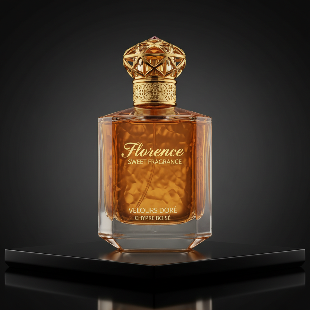 Dark ornate perfume bottle with golden cap on black background, dramatic side lighting