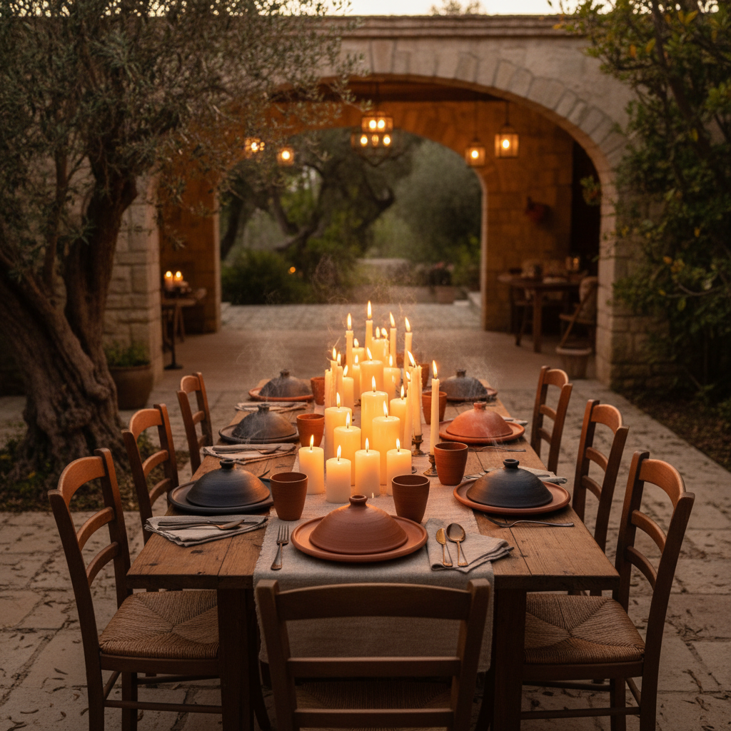 Fully set private dinner table with candles lit, steam rising from clay plates, chairs waiting for guests