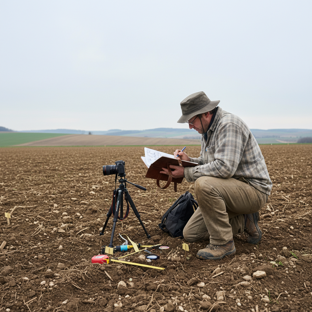 Field worker documenting evidence in a rural area, notebook open, overcast sky above