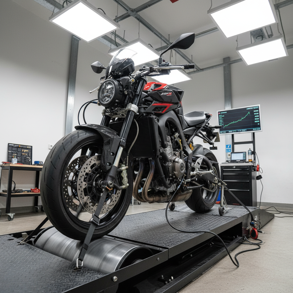 Rebuilt Kawasaki FX730V engine on dynamometer test stand showing torque output curves on diagnostic monitor