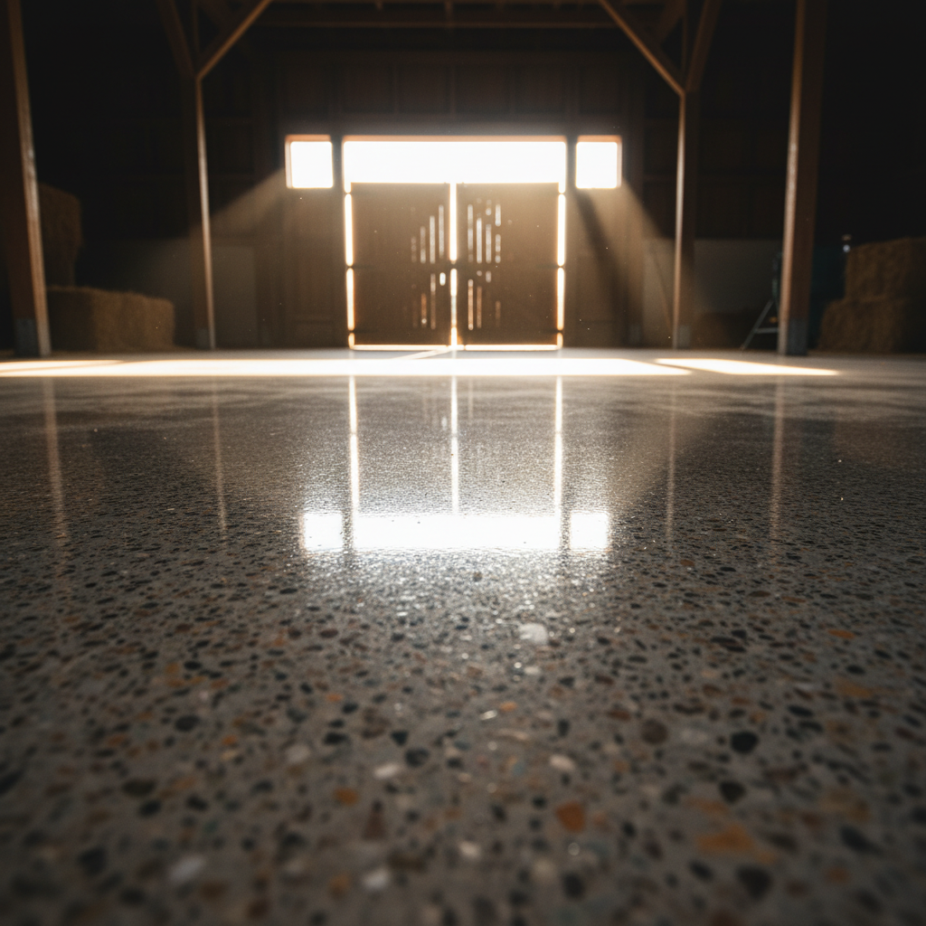 Mirror-polished concrete floor reflecting barn door light, showing perfect high-gloss finish with aggregate visible beneath