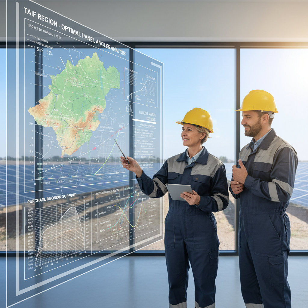 Two engineers in a solar field reviewing technical documentation, professional team collaboration outdoors, bright daylight, industrial renewable energy background