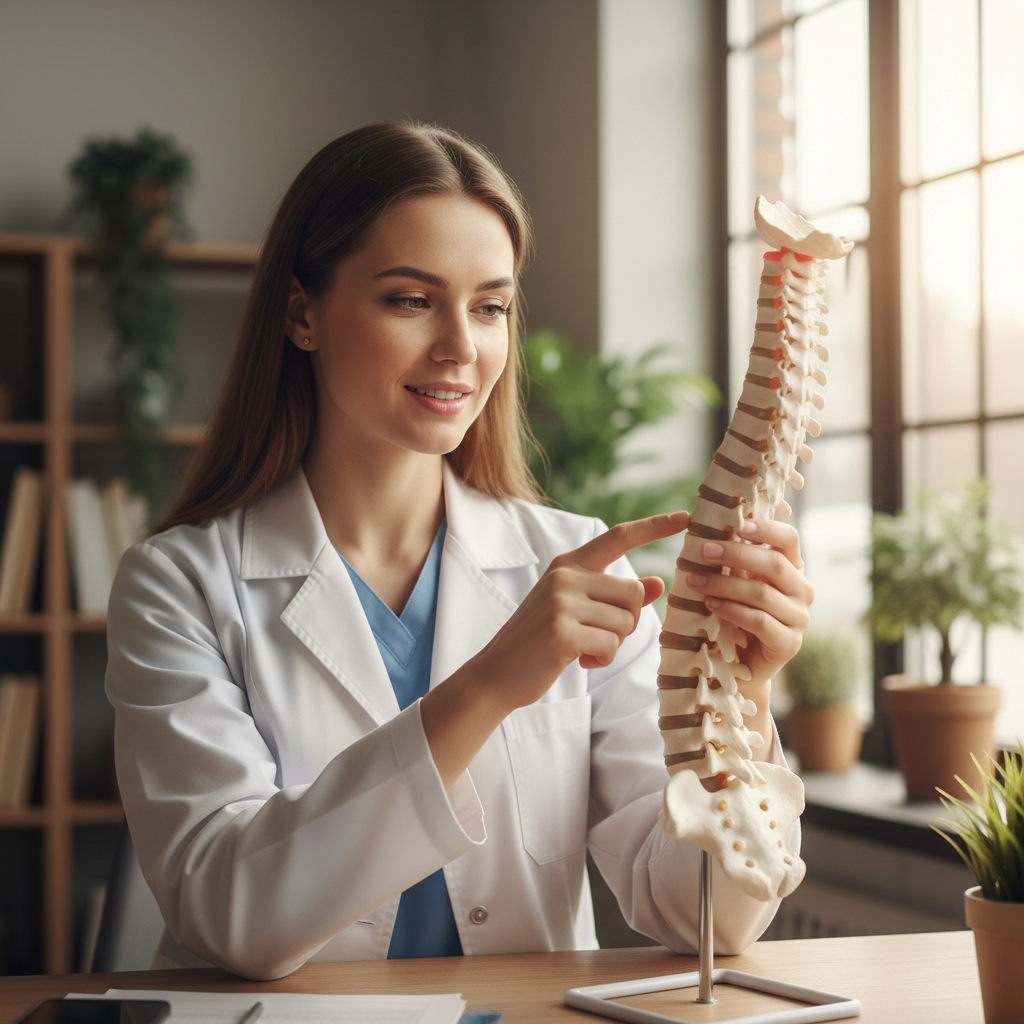Dr. Maya Chen explaining cervical mobility with a spine model in a warm clinic setting