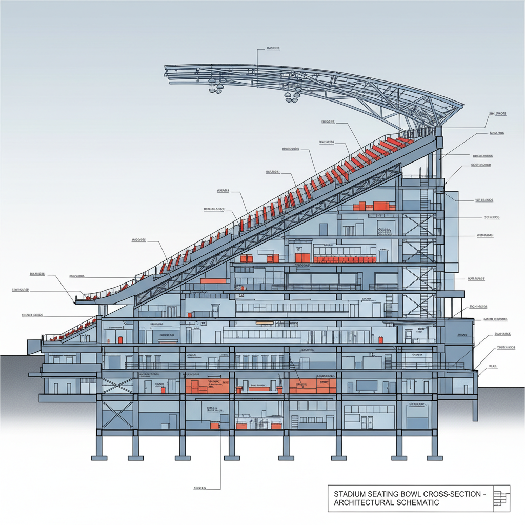 Cross-section architectural rendering of a stadium seating bowl