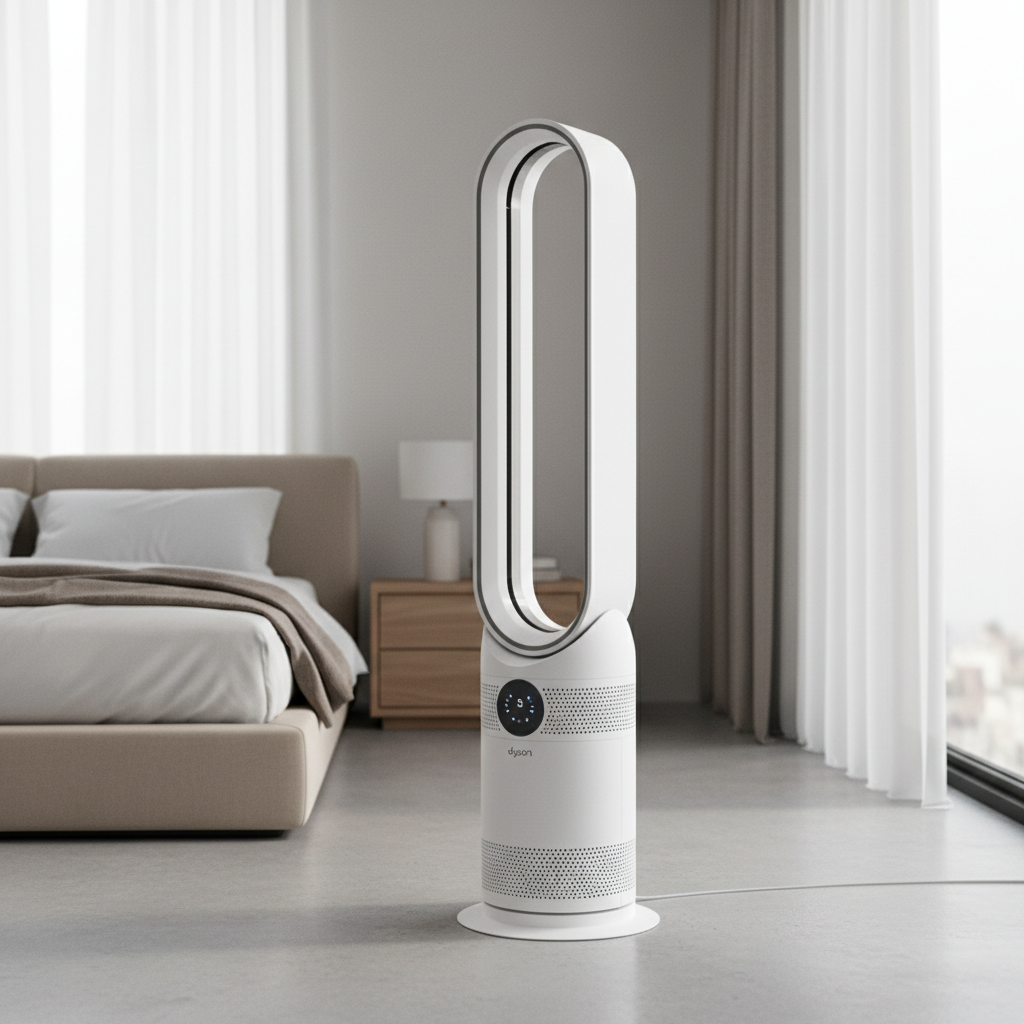 Tall bladeless Dyson tower fan with air purifier in a modern living room