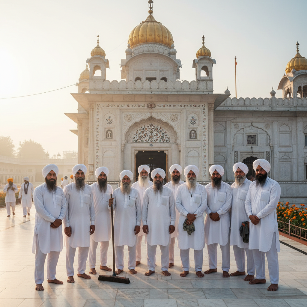 Group of Sikh sevadars in white, standing together outside the gurdwara in morning light after completing their seva