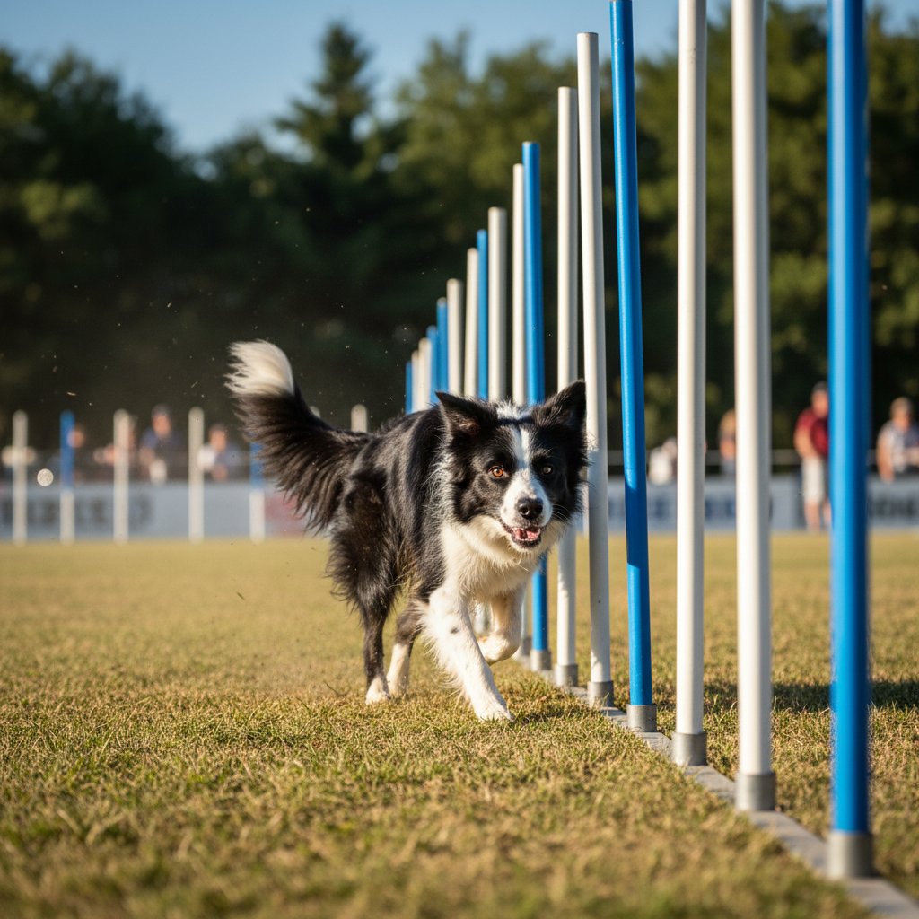 Border collie weaving through agility poles at full speed