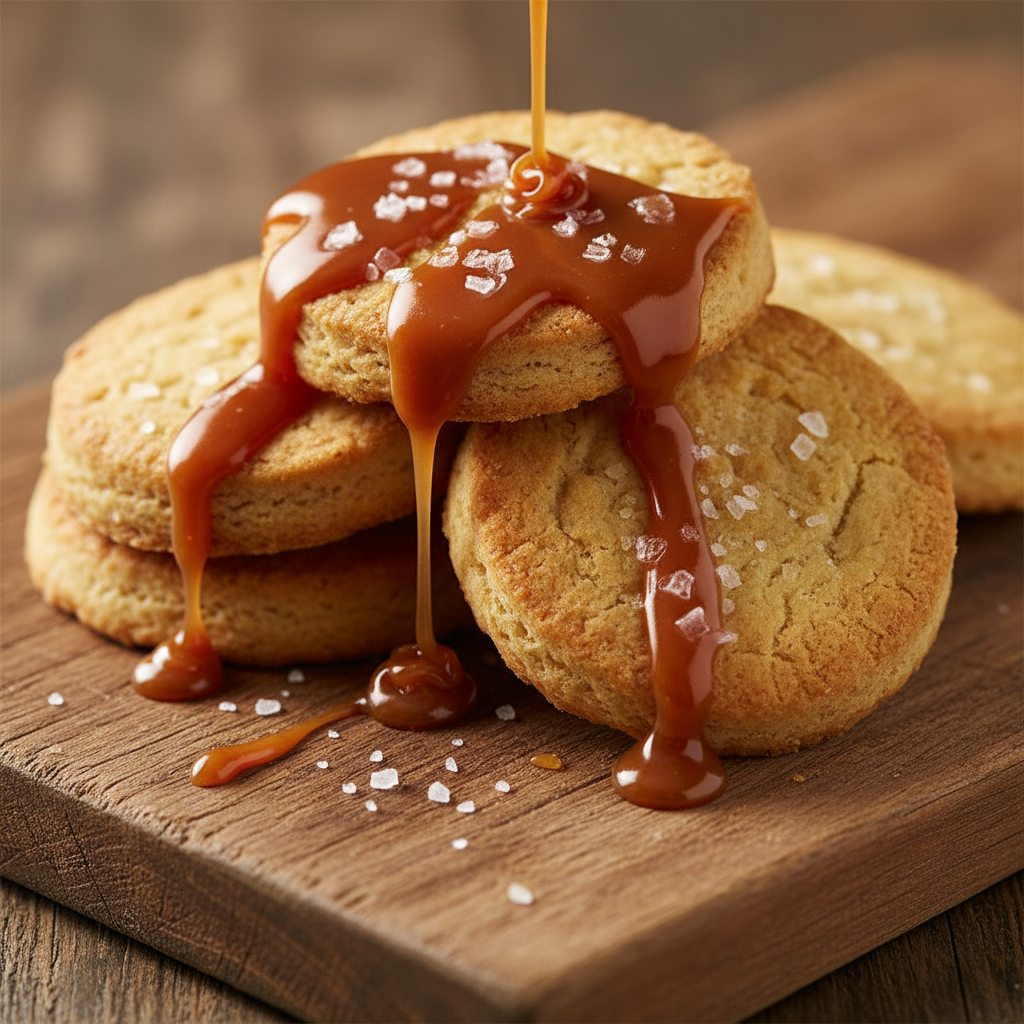 Golden eclairs with caramel glaze and sea salt flakes on dark wooden board