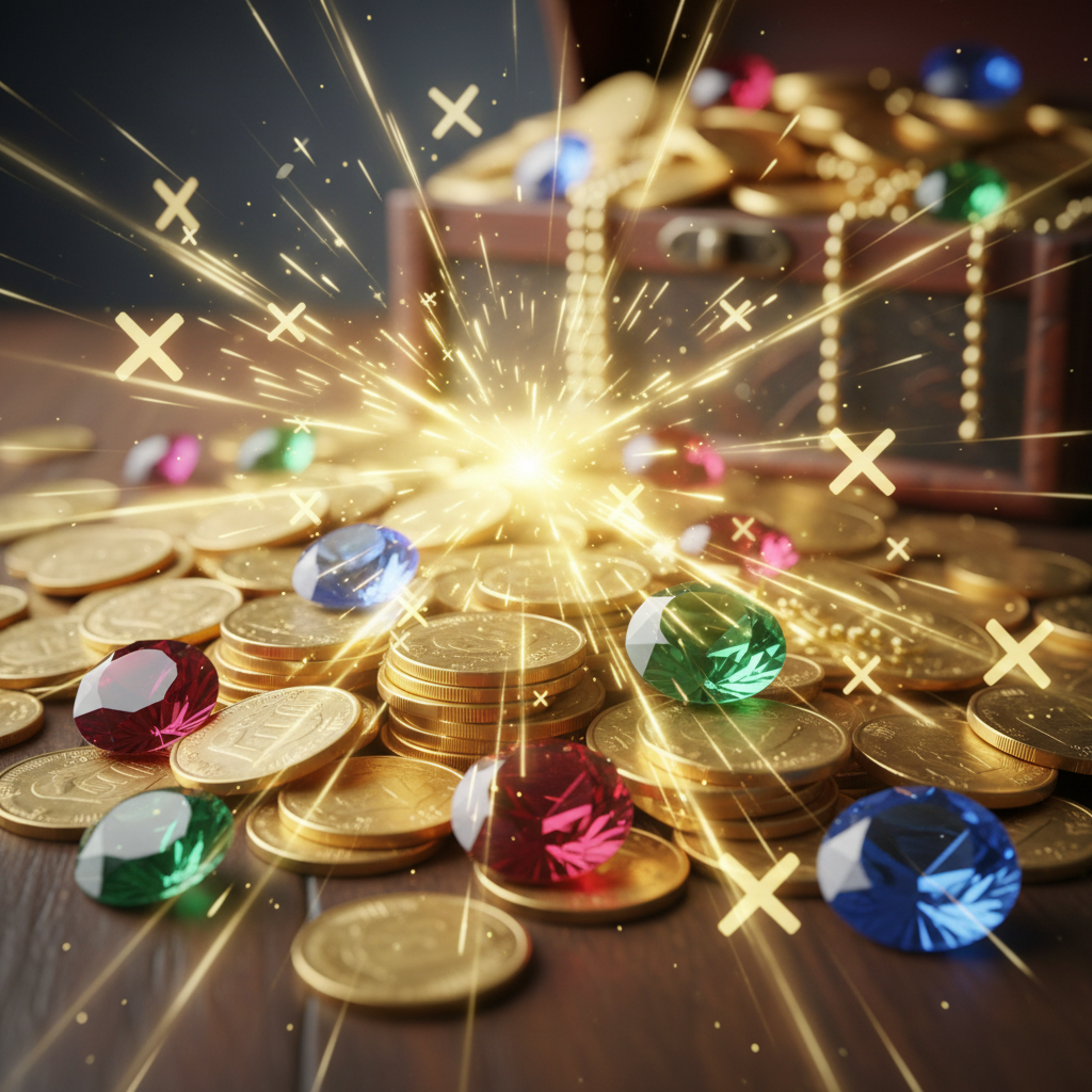 Golden gaming tokens and coins with colorful light effects