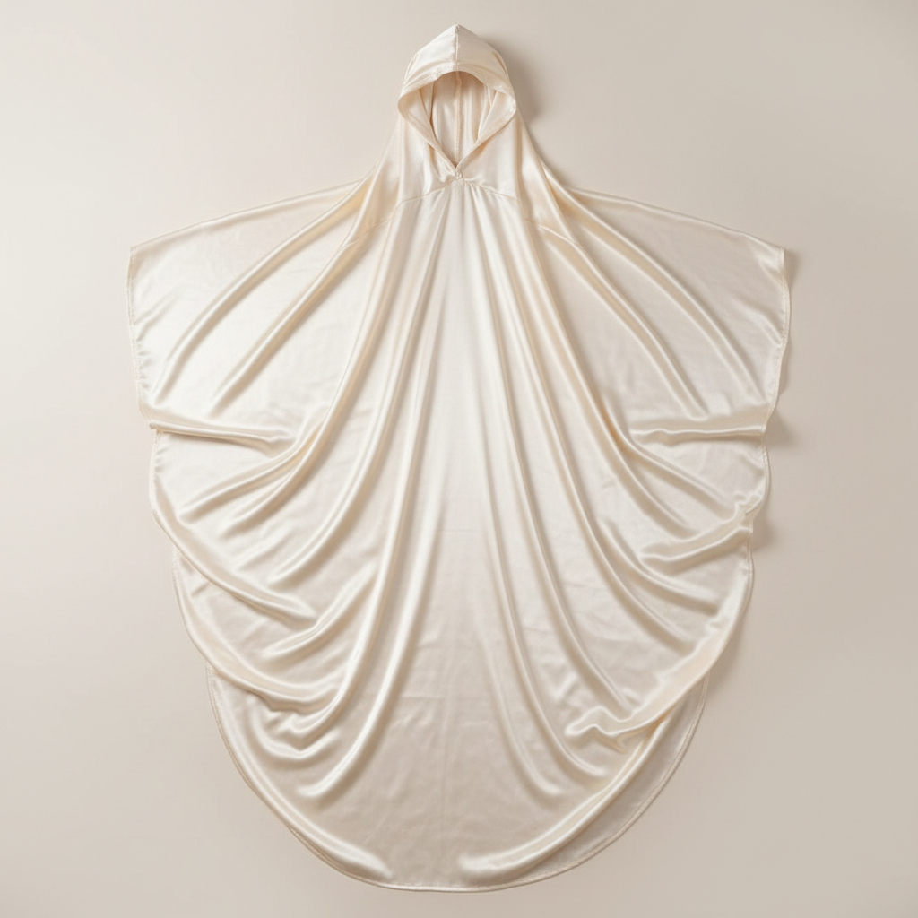 Ivory satin prayer dress with elegant drape and soft attached head covering