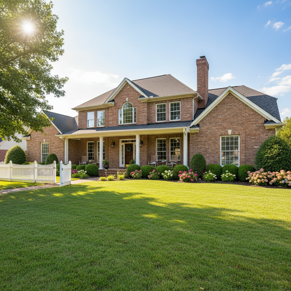 Two-story red brick historic home with white trim and covered front porch