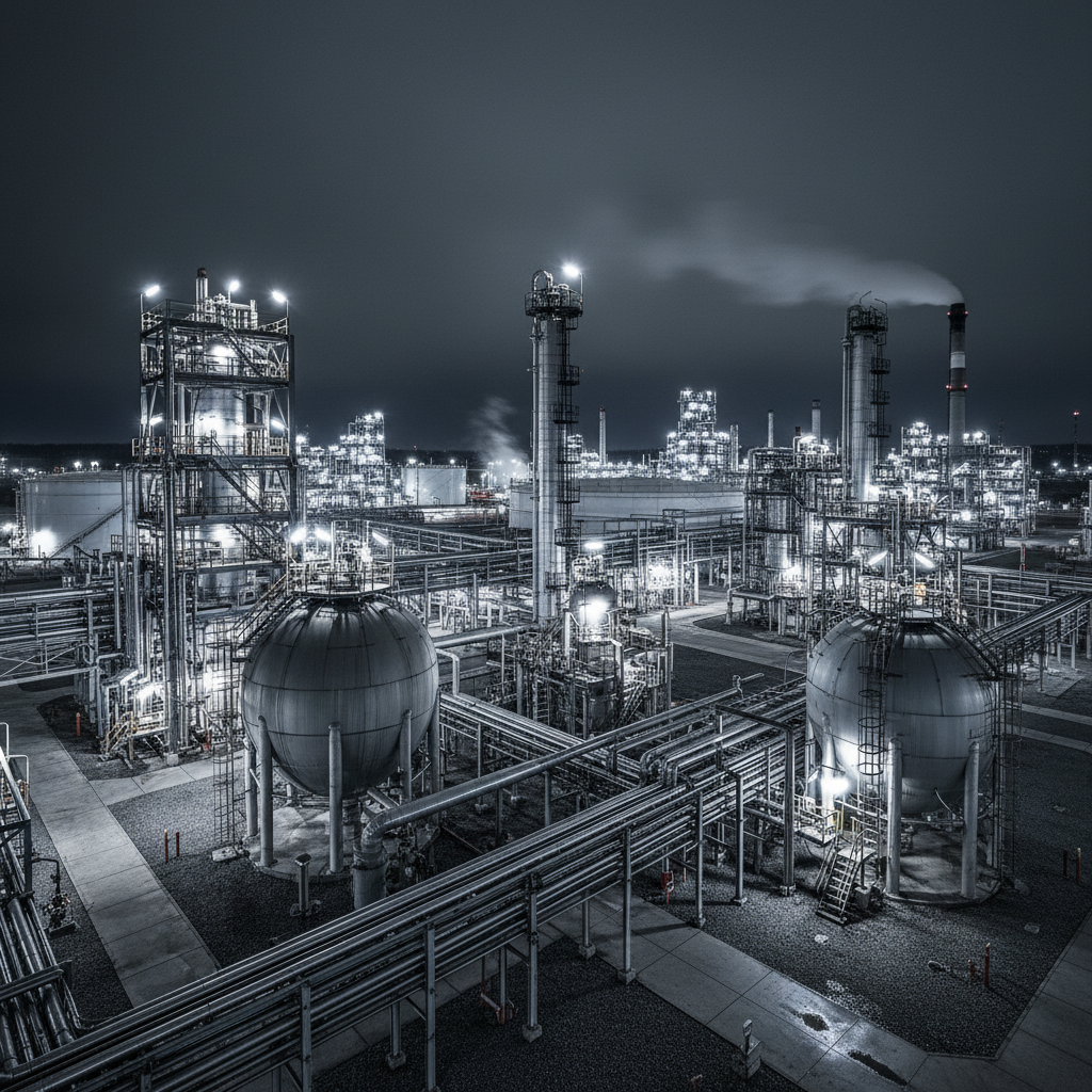 Industrial chemical plant interior with steel tanks and pipes in low ambient light with technical equipment