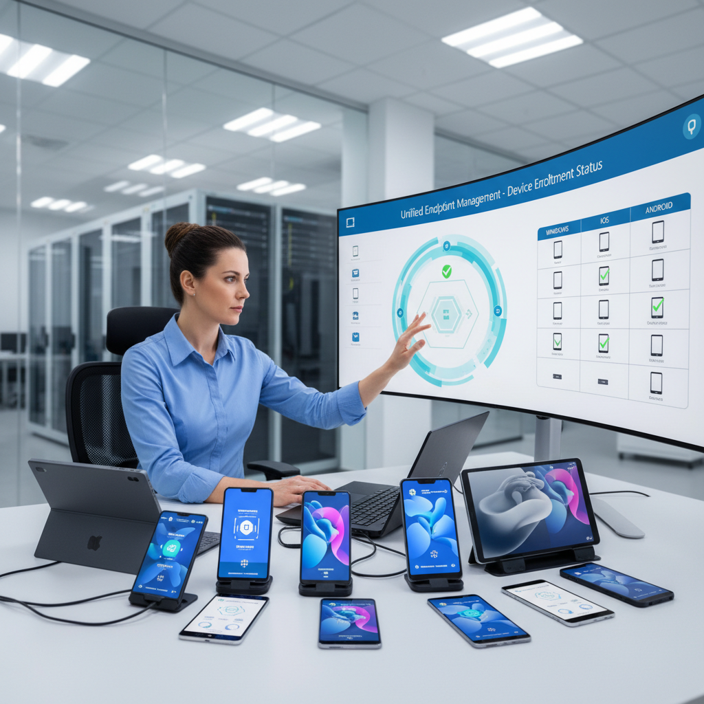 IT administrator enrolling multiple devices into a unified management console showing Windows, iOS, and Android devices