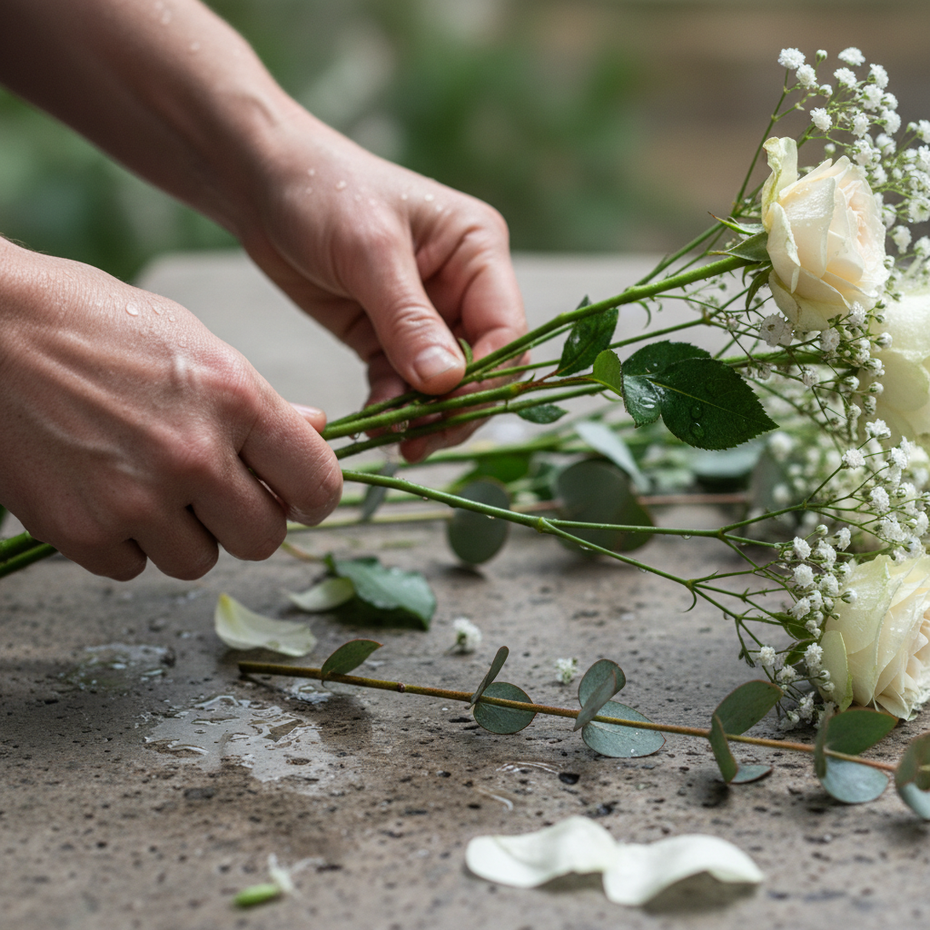 Bare hands arranging wet flower stems on a stone worktable, close detail of the arrangement being built