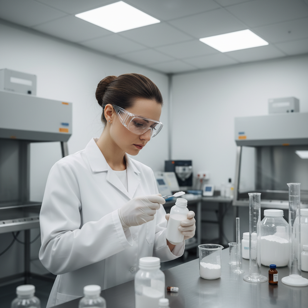 Female pharmacist in lab coat and safety goggles working in a sterile compounding cleanroom environment