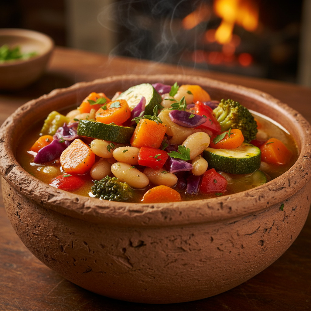 Colourful stew with vegetables in a clay bowl, warm amber tones