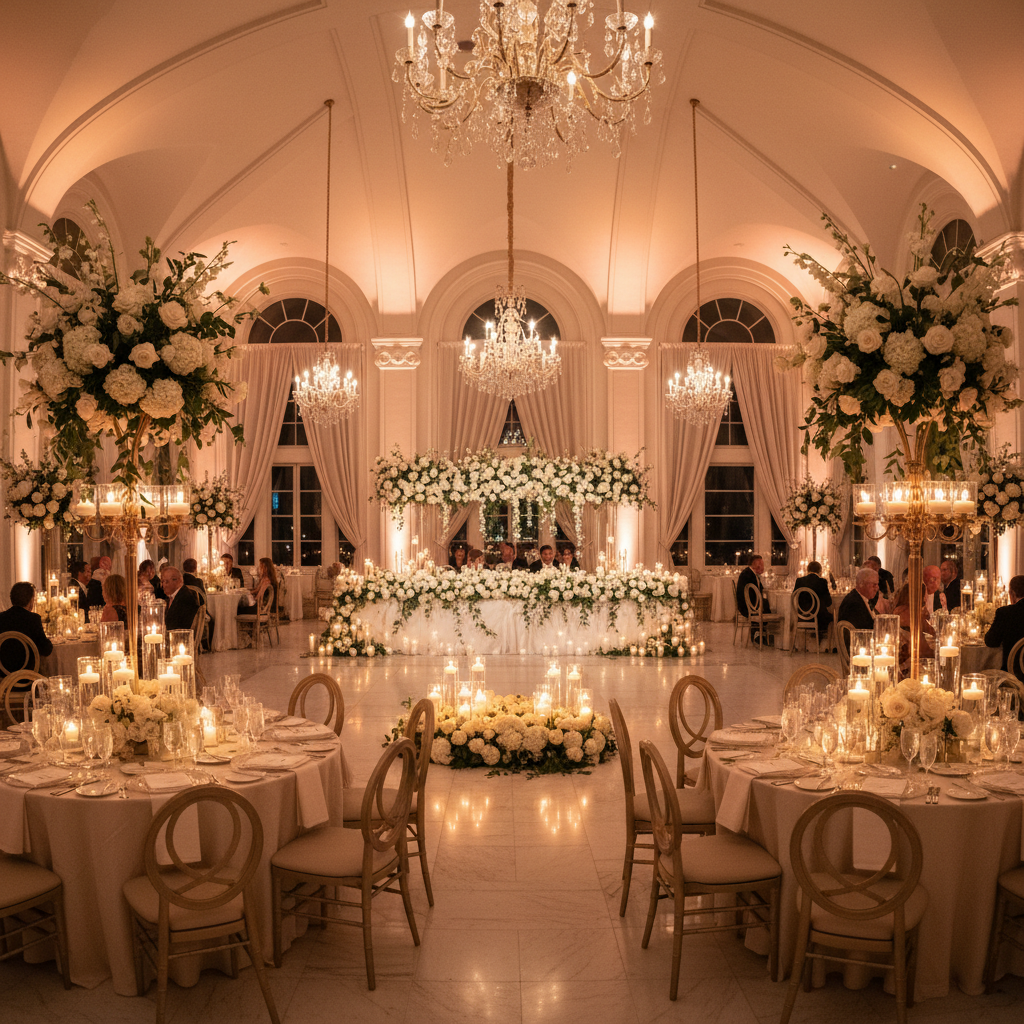 Elegant wedding reception hall with candlelight and floral arrangements at Babington House Somerset