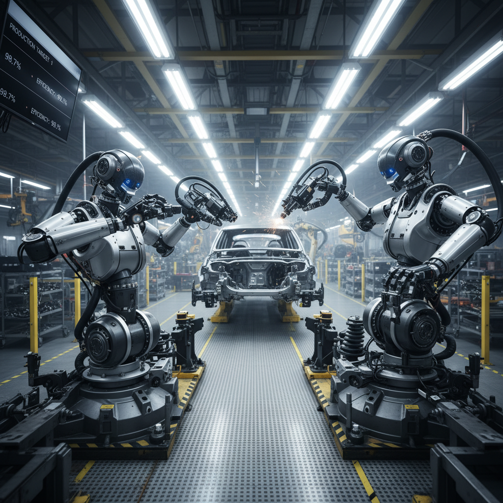 Humanoid robot standing in factory environment performing assembly task