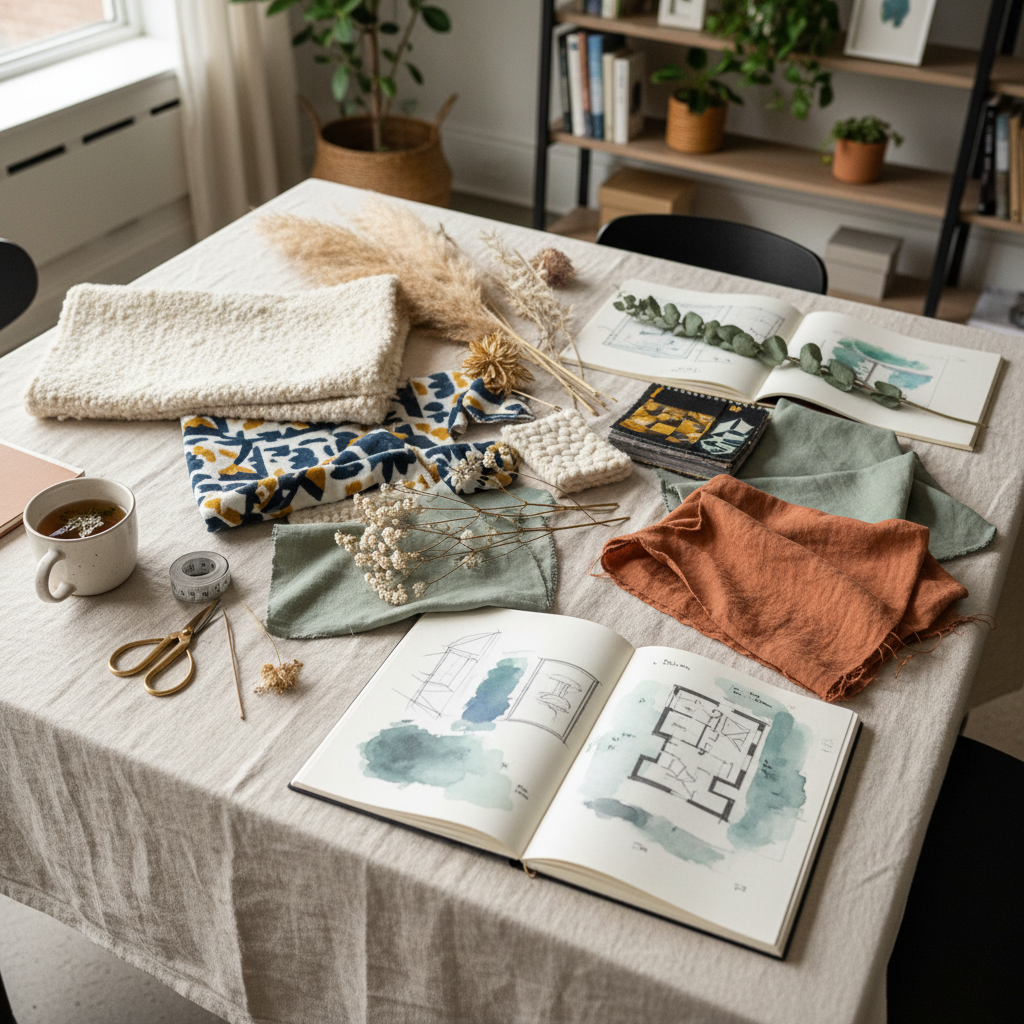 Bright interior design consultation with material samples, fabric swatches, tile samples, and paint chips spread on a light table