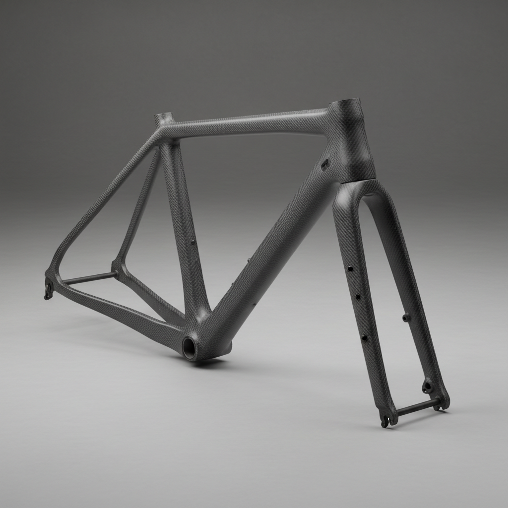 Raw carbon gravel frameset with wide tire clearance showing fiber layup detail