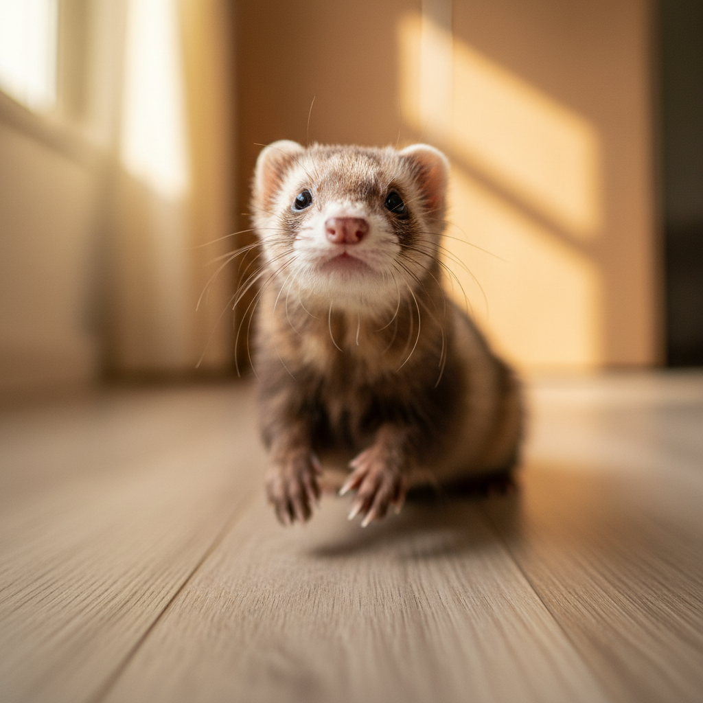 Playful ferret with brown and white markings looking up curiously from a wooden floor