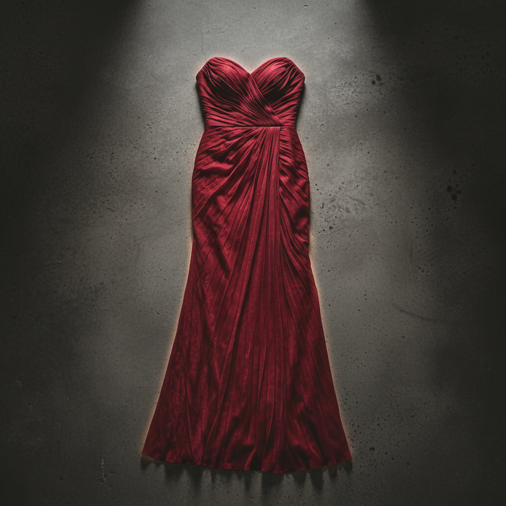 Deep ruby column silhouette bridesmaid dress with sculptural folds against concrete backdrop