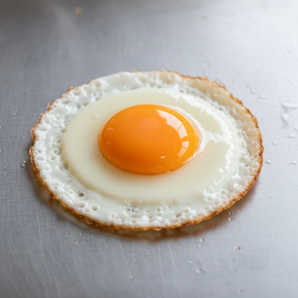 Single egg frying in perfect circle on teppanyaki griddle with golden yolk and crispy edges