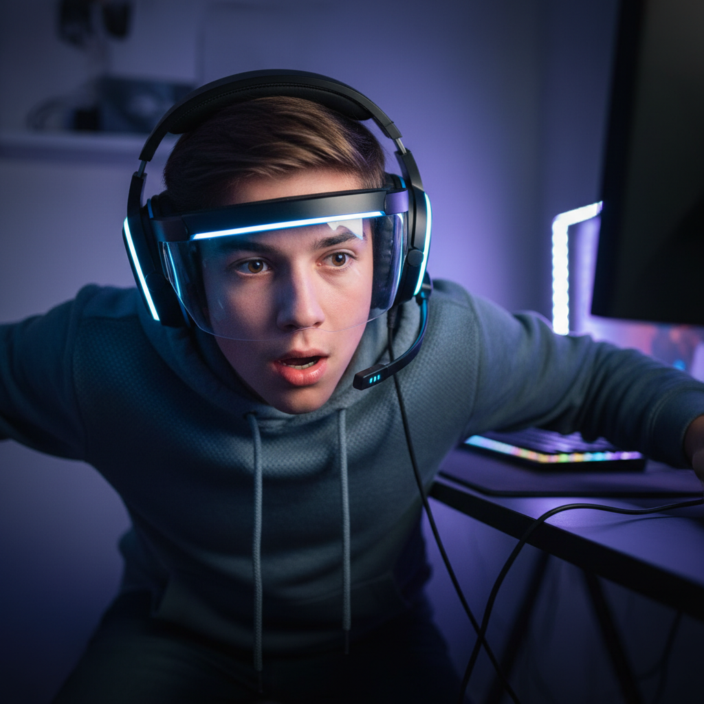 Teen player ducking mid-game with wide eyes visible through headset visor