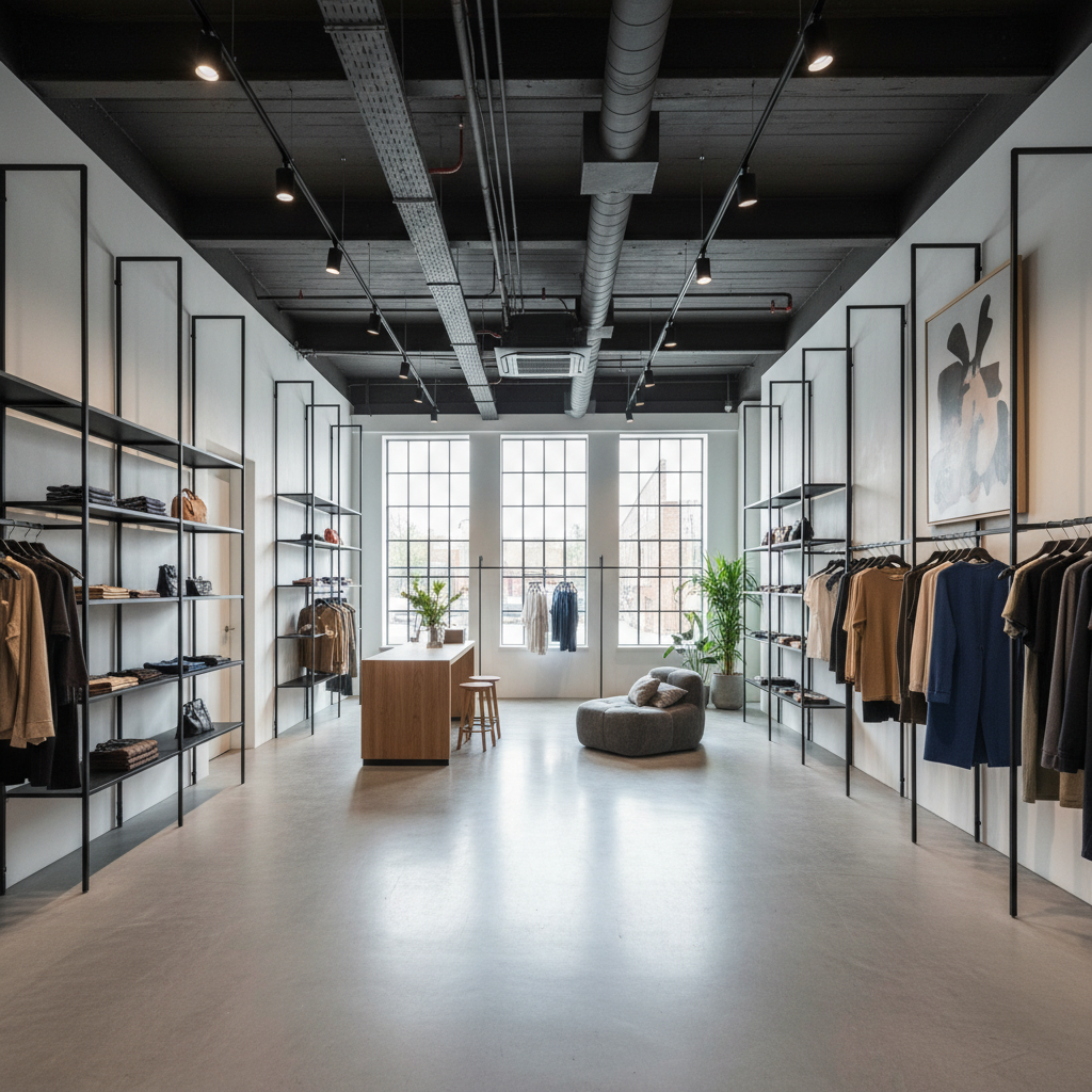 Completed Shopfit retail interior for Ember & Oak boutique — blackened steel shelving, micro-cement floor, exposed ductwork ceiling