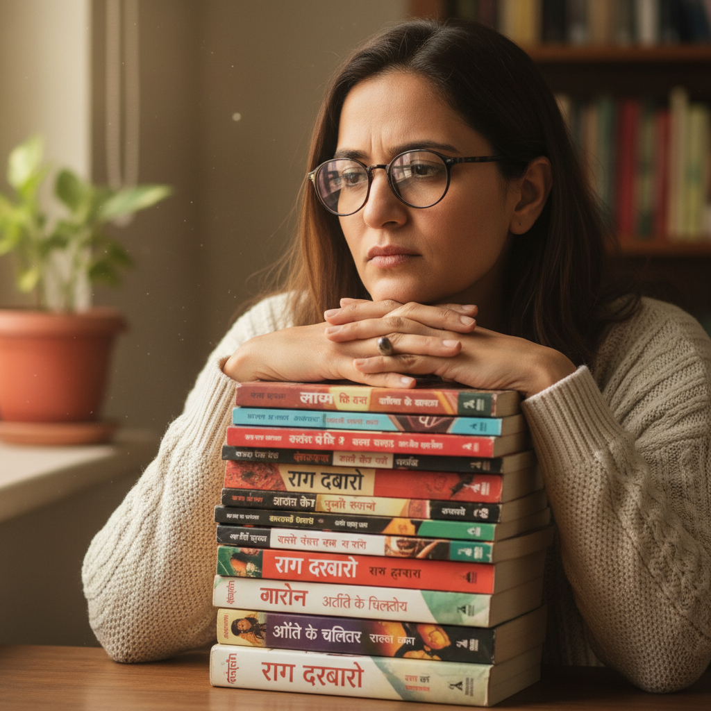 Professional woman with glasses, thoughtful expression, bookshelf background