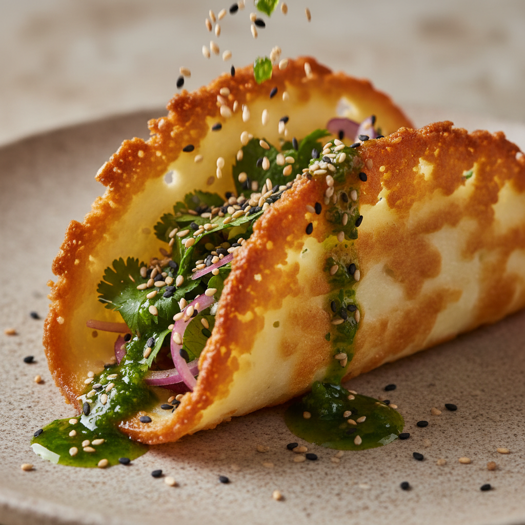 Close-up of crispy halloumi taco edges with sesame seeds mid-scatter and dripping scallion oil