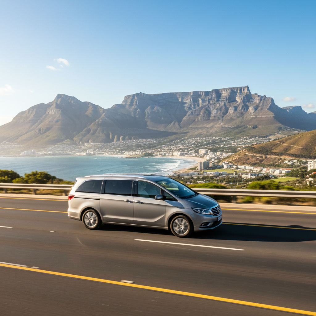 Modern comfortable minivan on Cape Town highway with Table Mountain visible in the background