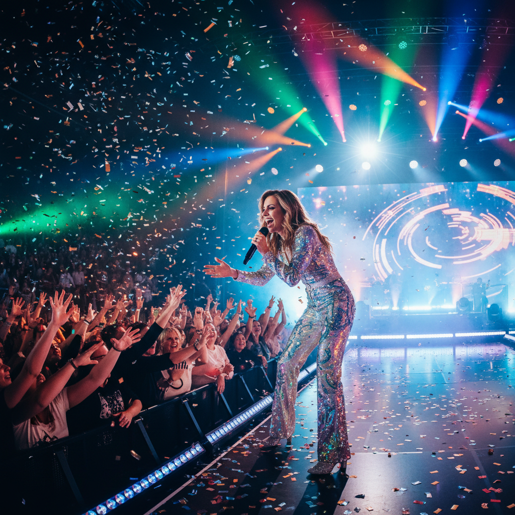 Contestant performing talent segment in vibrant stage lighting