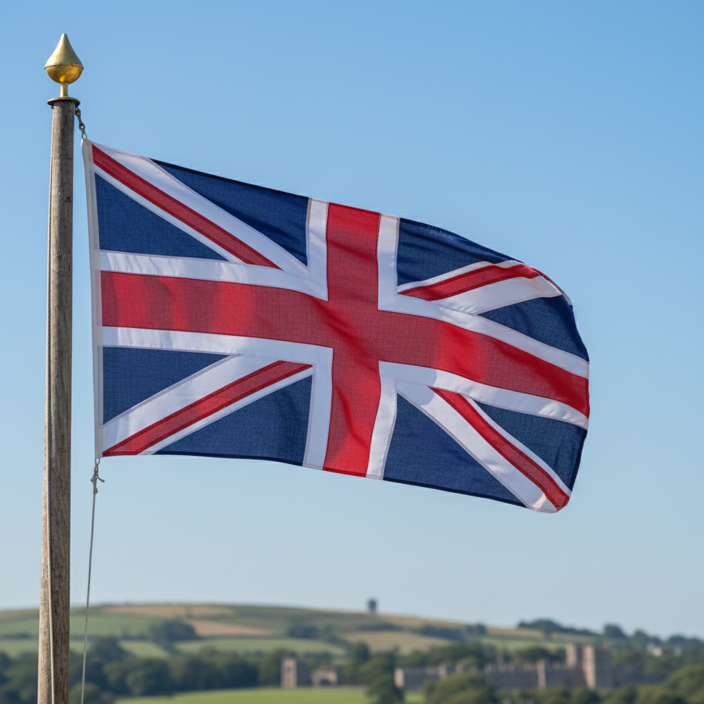 British Union Jack flag with red white and blue crosses
