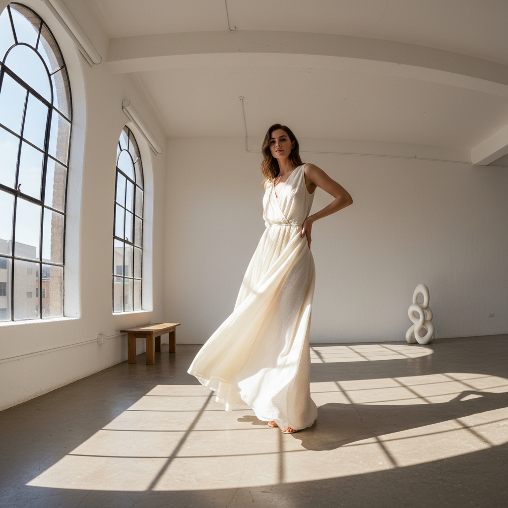 Luxury wide-leg trousers, editorial fashion shot, bright well-lit studio, clean minimal styling