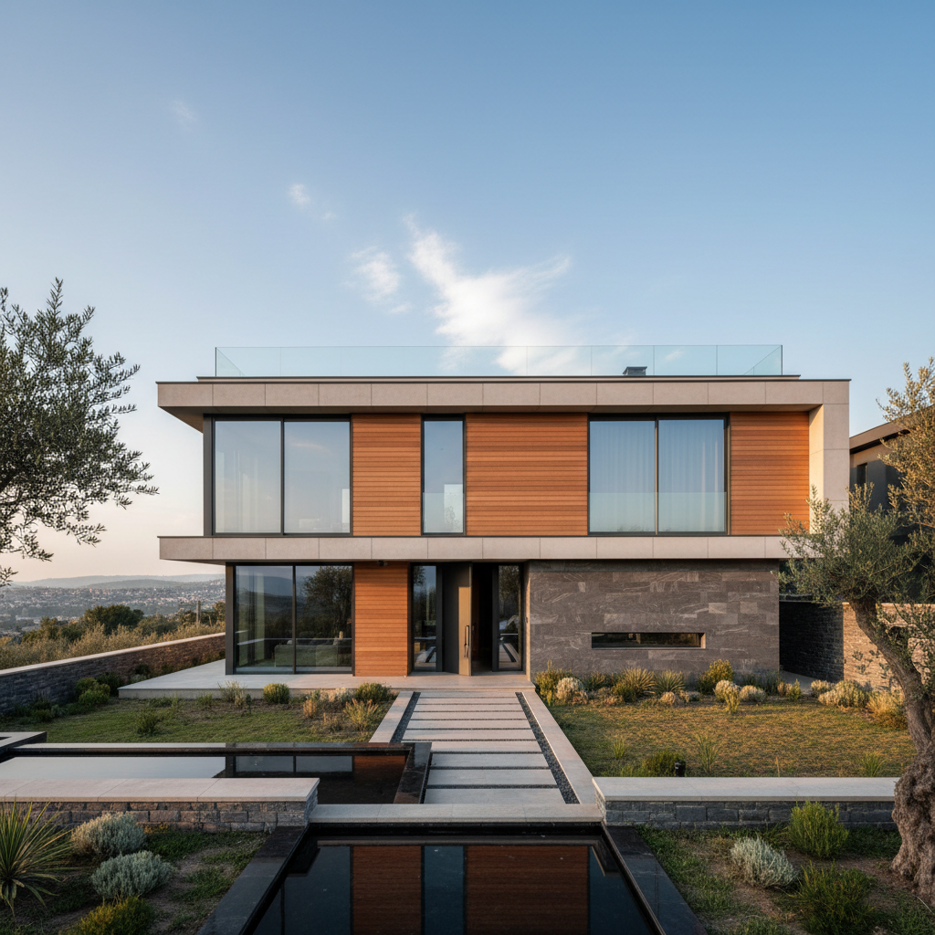 Luxury modern villa with pool, clean architectural lines, premium exterior finishes, evening lighting