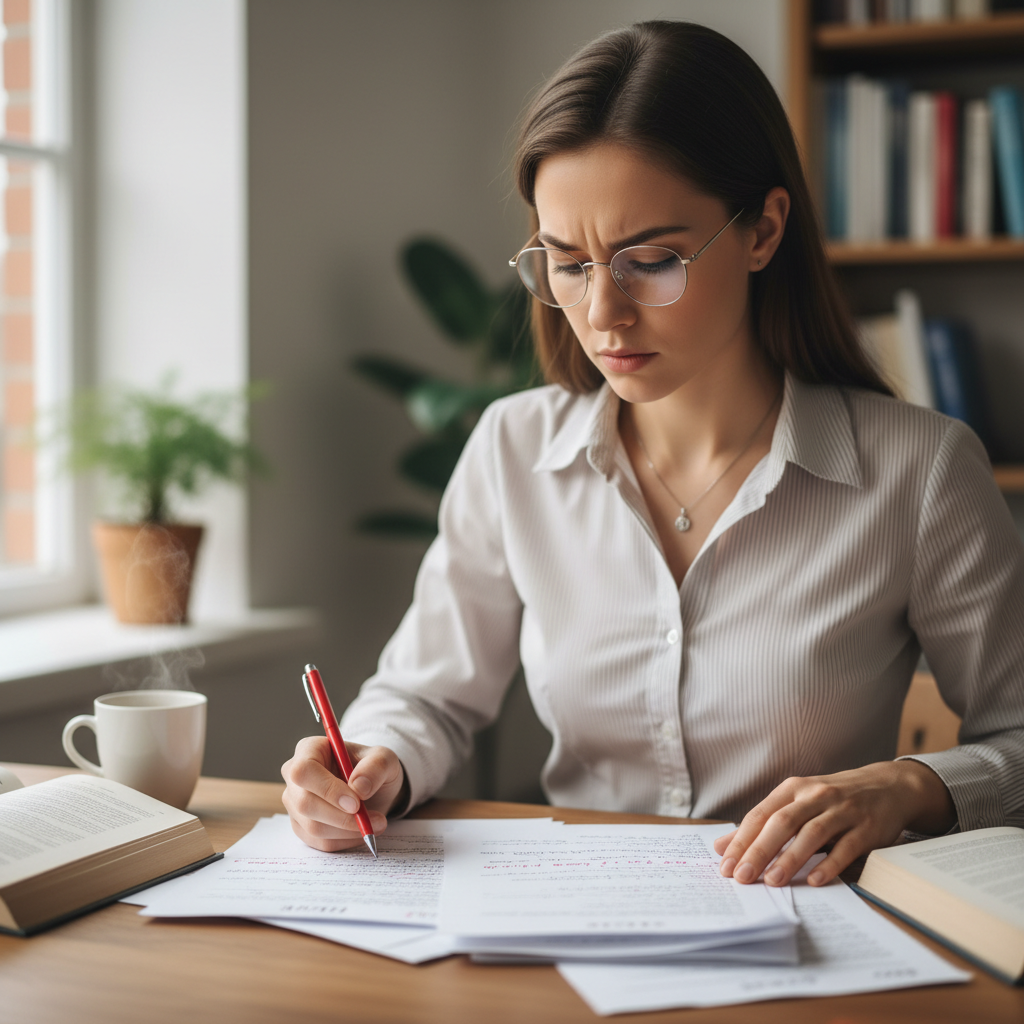 Professional woman reviewing residence documents, well-lit office, organized desk, official paperwork