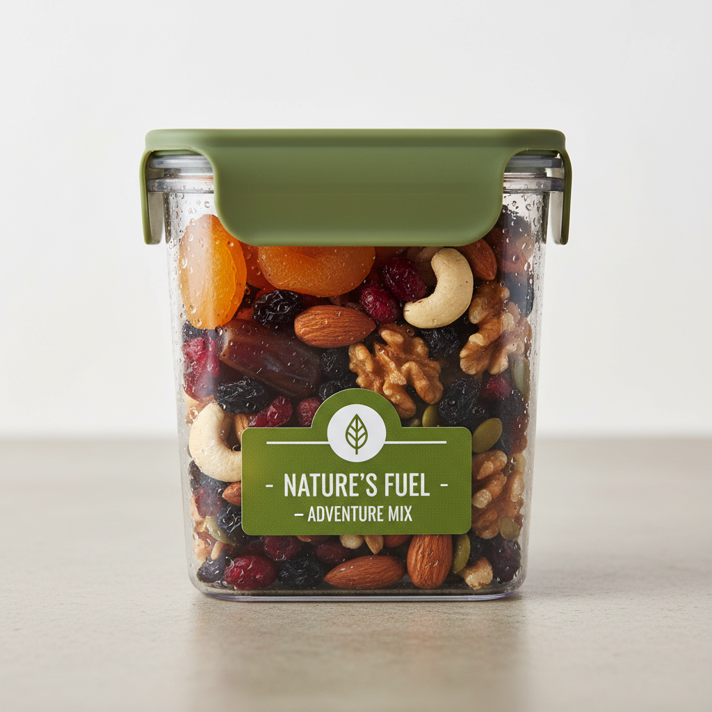 Colorful trail mix with nuts, dried fruit and chocolate chips in bowl