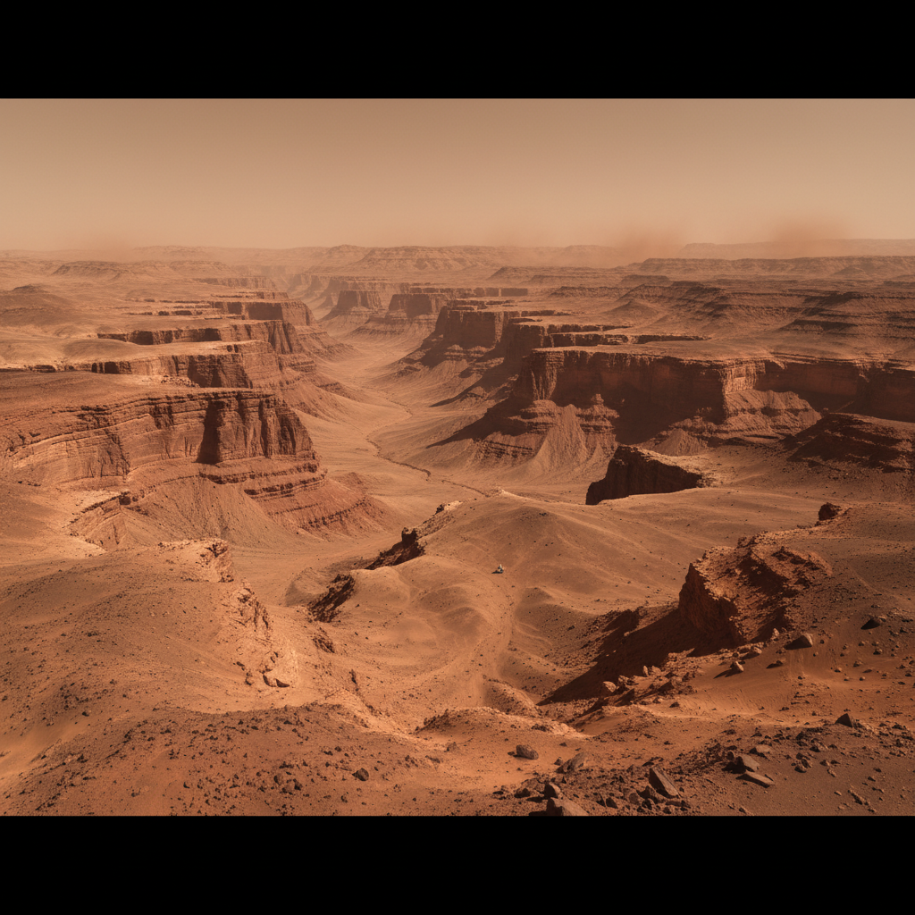 Mars surface terrain rust-red rocky landscape with geological change markers, dark atmospheric tones, scientific overhead view