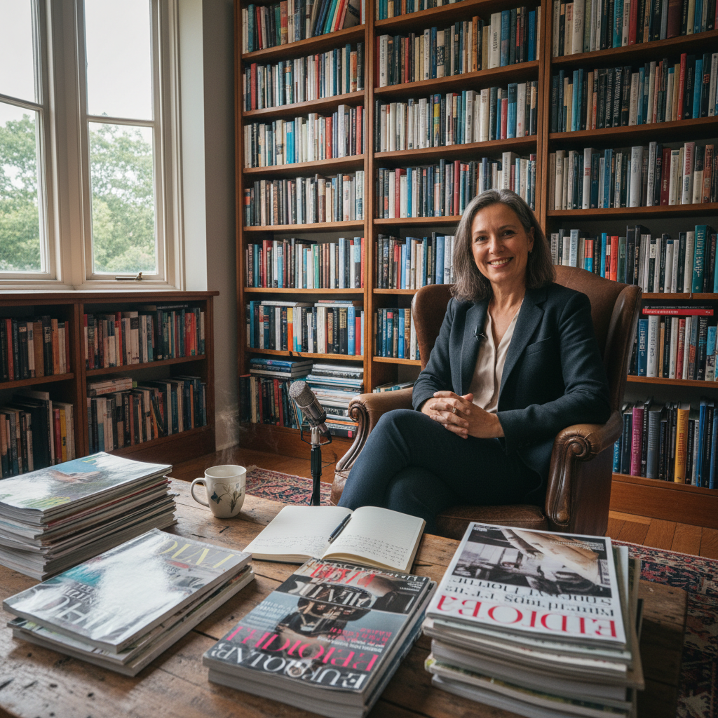 Author interview setup with books and editorial magazine-style photography